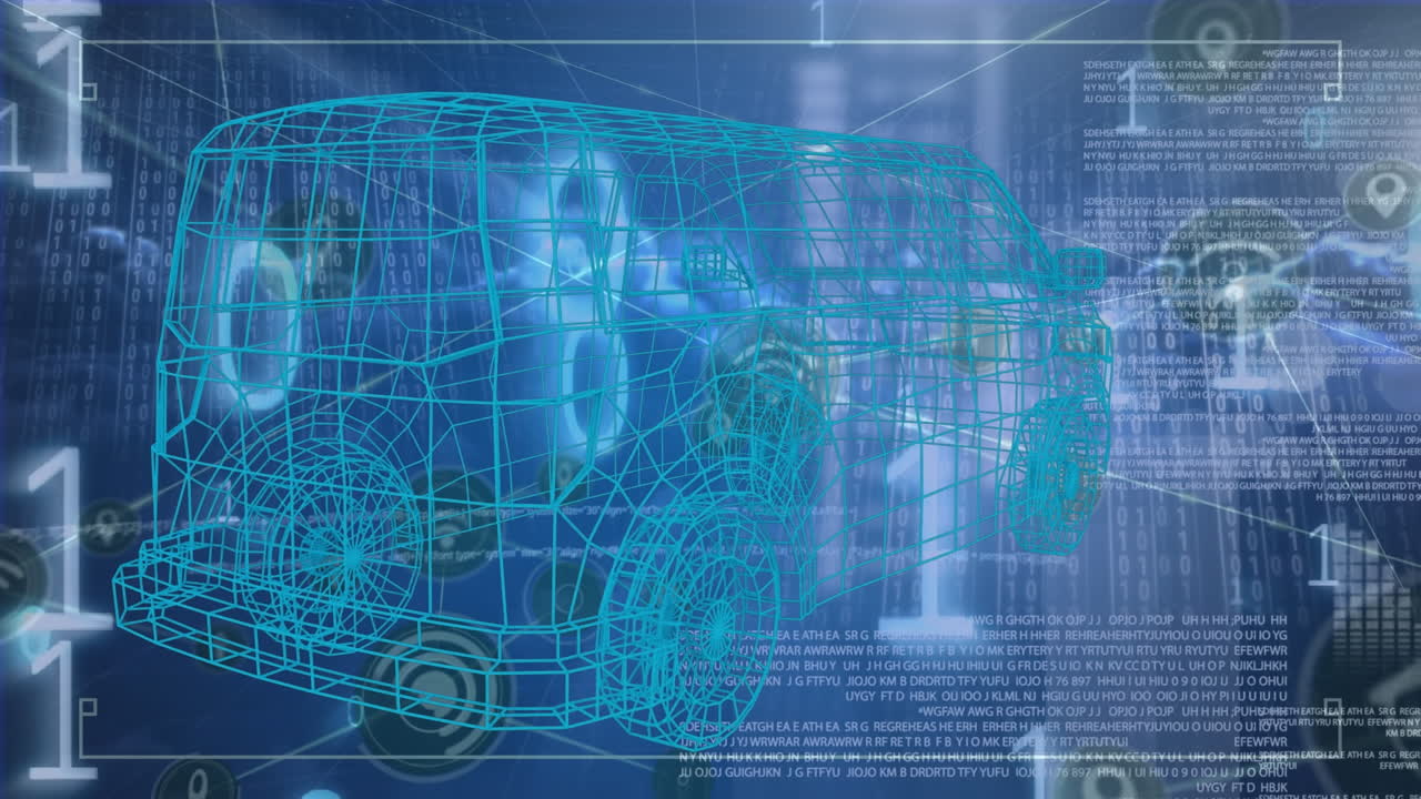 회전하는 자동차 모델의 애니메이션과 연결 네트워크와 클라우드에 대한 이진 코드