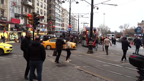 istanbul city street with tram and people