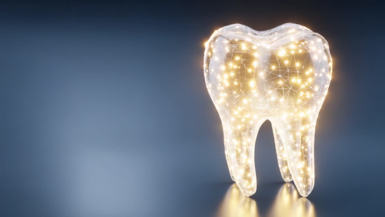 A Glowing 3D Representation of a Tooth Embodying Advanced Dental Technology with a Sparkling Network of Lights and Connections, Symbolizing Oral Health Innovation