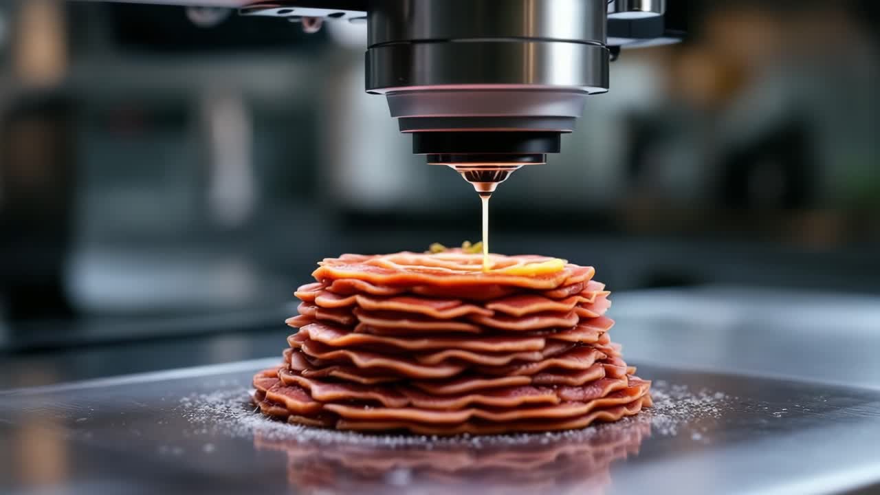 Layered pancake stack is positioned on a sleek surface, with syrup being precisely drizzled from a dispenser, showcasing culinary artistry and modern kitchen technology in a vibrant setting