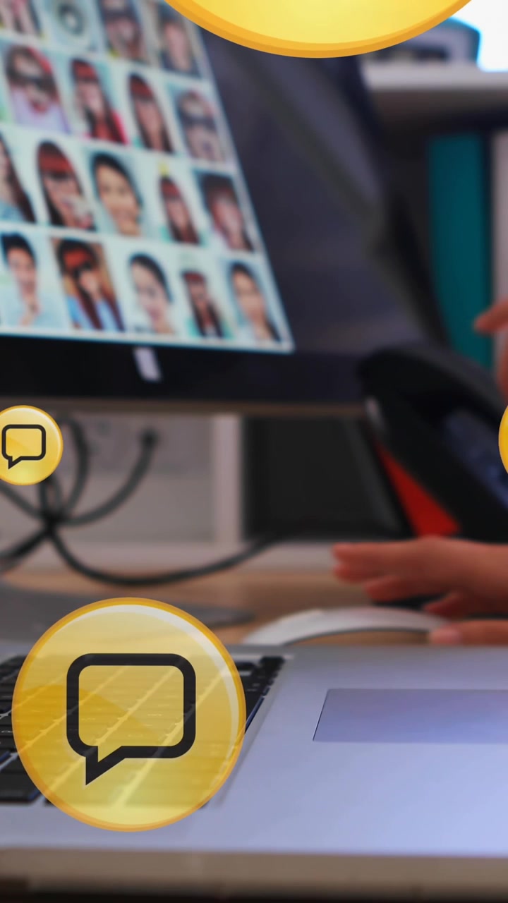 Animation of speech bubble, cropped hands of woman working on laptop and receiving phone