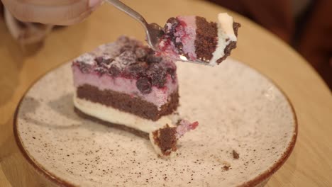 close-up of a slice of chocolate cake with cherries and blueberries