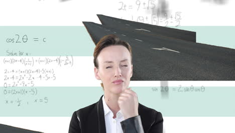 animation of caucasian businesswoman thinking on white background with graffiti and math symbols