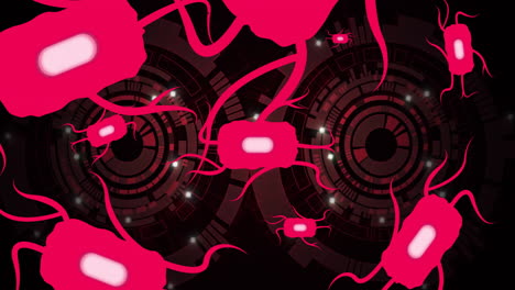 animation of red abstract shapes with lines over intricate circular digital patterns