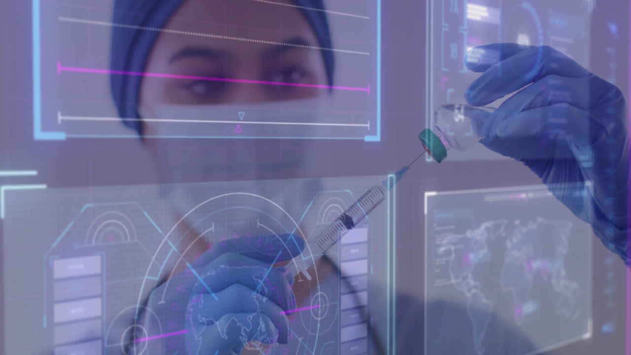 Healthcare professional preparing syringe over digital data and graphs animation