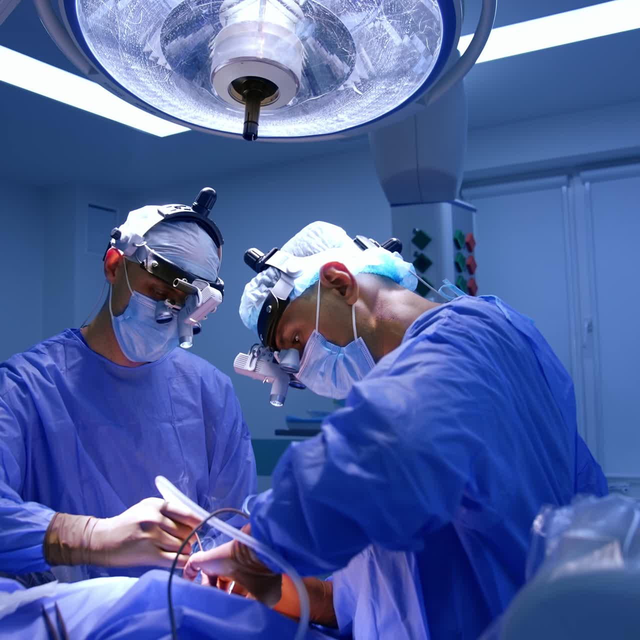 Caucasian neurosurgeons applying modern electric instruments at operation. Doctors cooperate at surgical procedure under a big round lamp