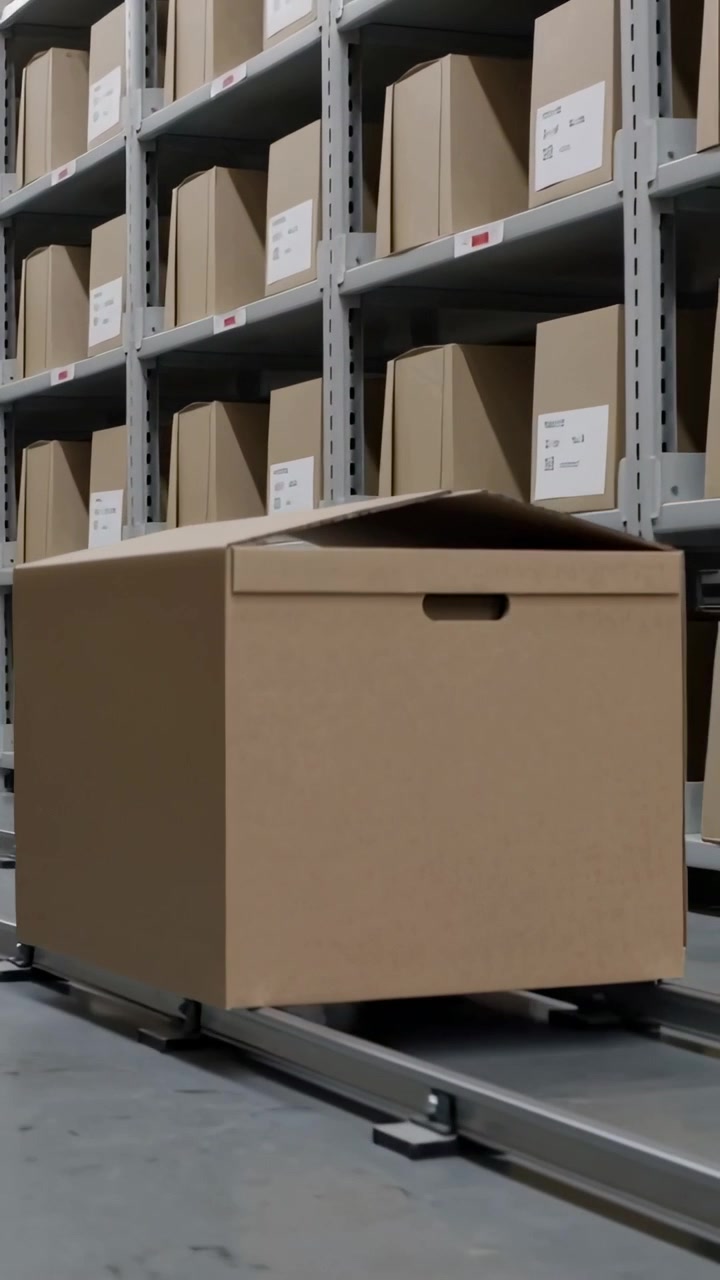 Vertical video: Sliding large box shifting forward on metal rails in storage aisle, track nudging