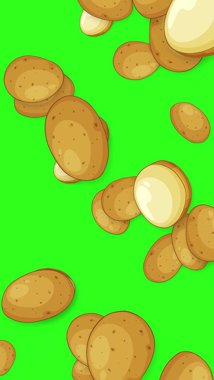 Cartoon potatoes and slices fall vertically against a bright green screen background for compositing.