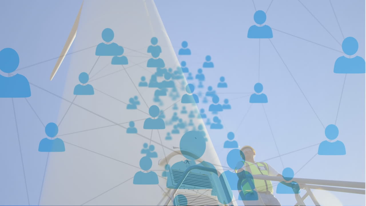 풍차 위에 서 있는 남성 건축가 위에 프로필 아이콘 네트워크의 애니메이션