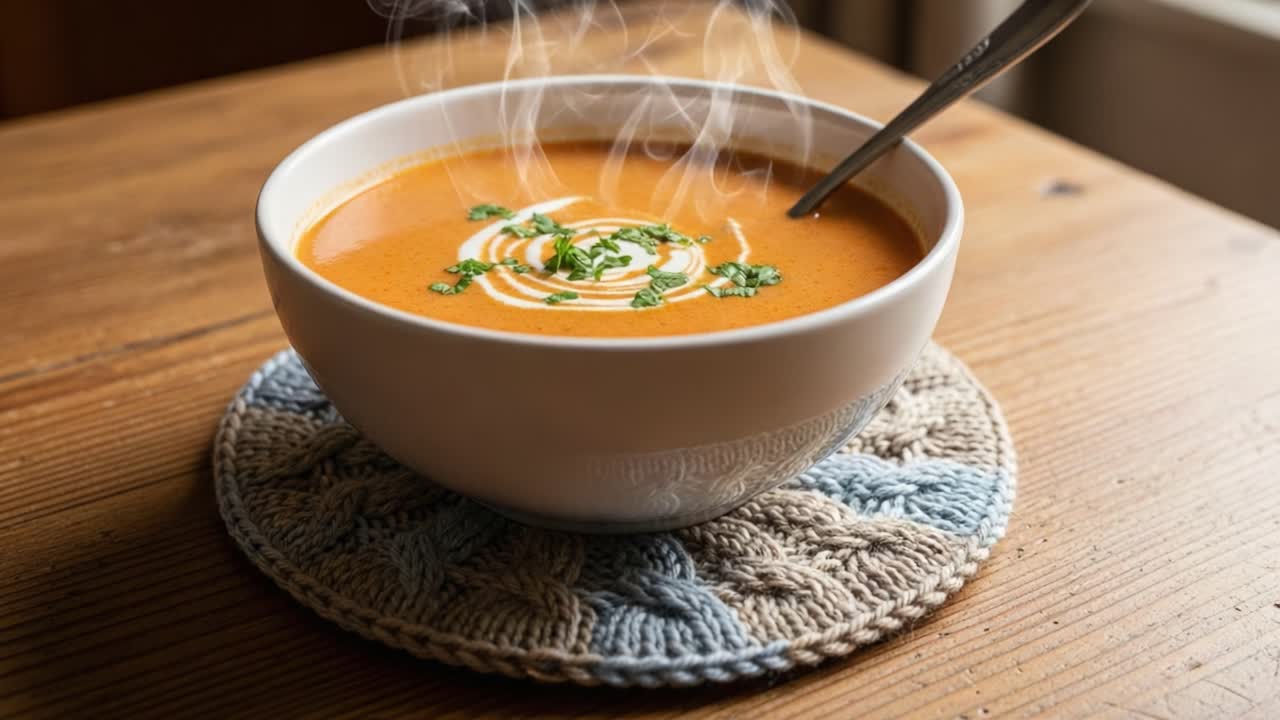 A Delicious Bowl of Hot Creamy Tomato Soup Garnished with Fresh Herbs on a Cozy Wooden Table, Perfect for Satisfying Comfort Food Cravings