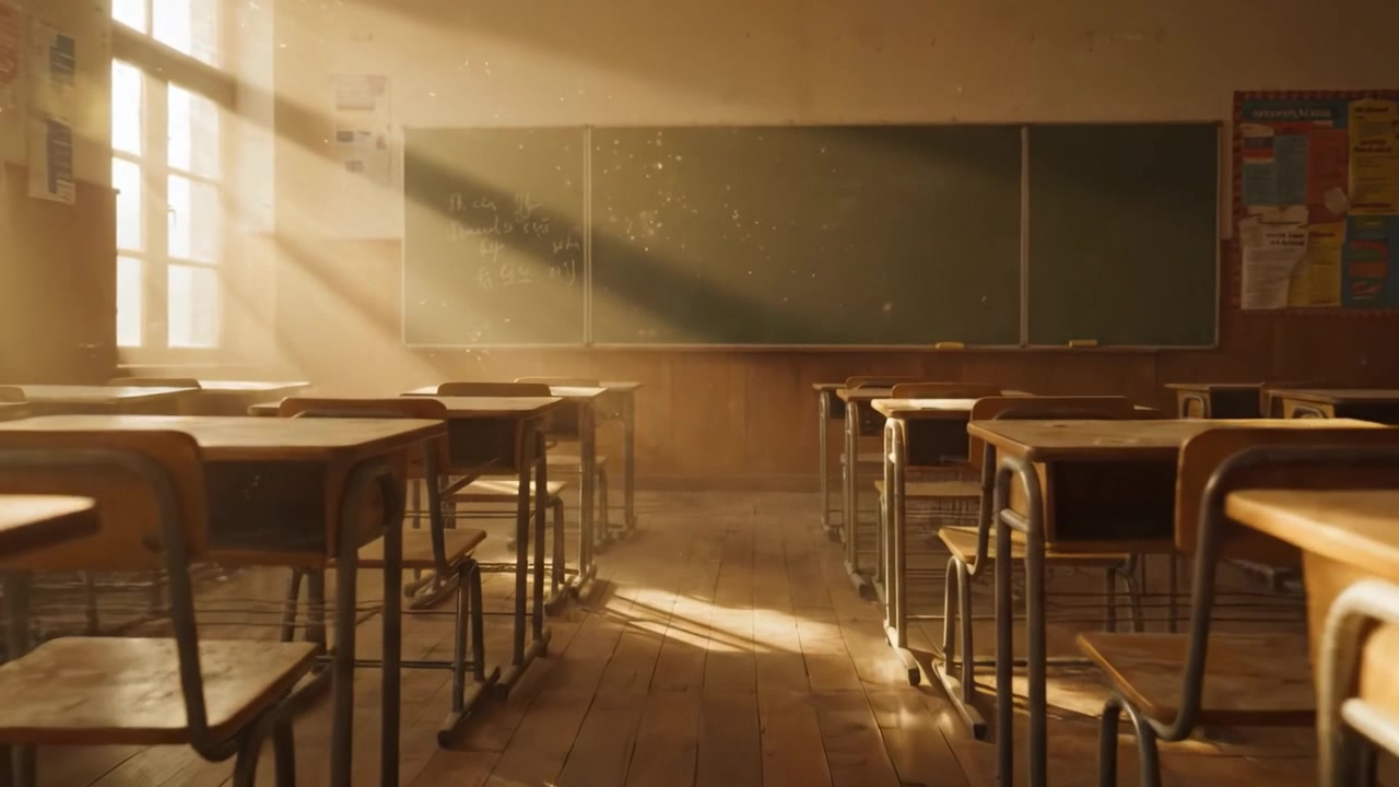 Un'Aula Tranquilla e Illuminata dal Sole: Uno Spazio Educativo Accogliente Pieno di Luce Calda e Particelle di Polvere, Che Cattura la Calma Prima dell'Inizio dell'Apprendimento