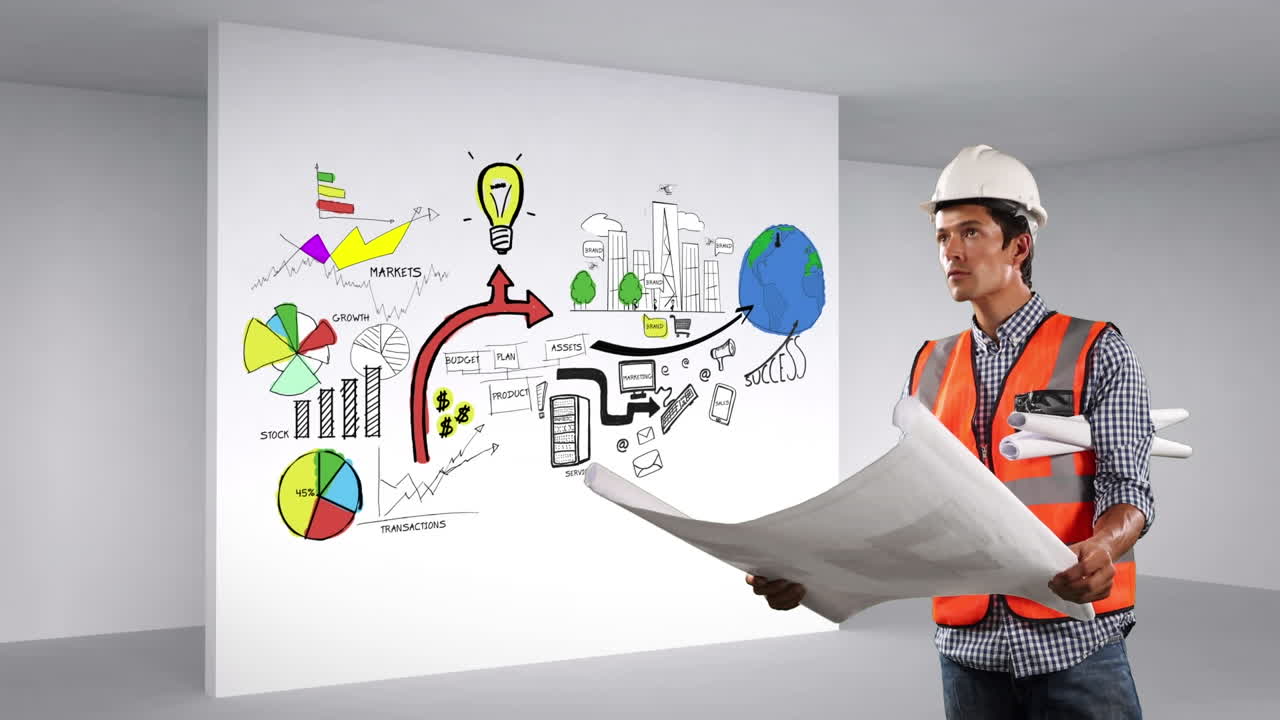 animación de un trabajador de la construcción caucásico sobre procesamiento de datos e iconos