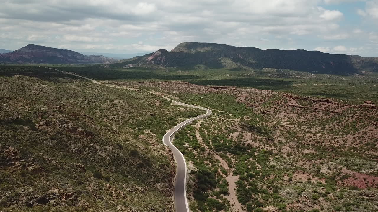 Aerial View of Argentina Countryside Road Under Beautiful Sky and Mountains in Skyline