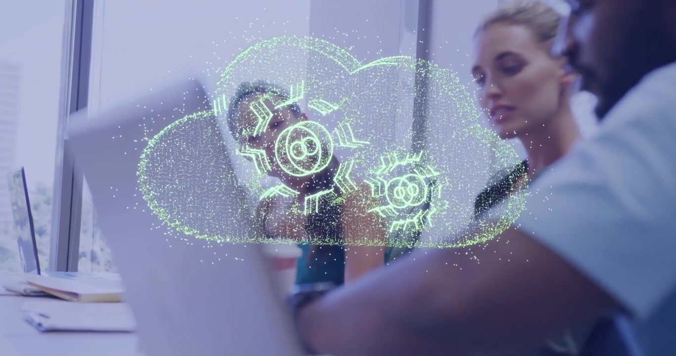 Man tapping screen starting neon cloud gear overlay during business demo while team watching laptop