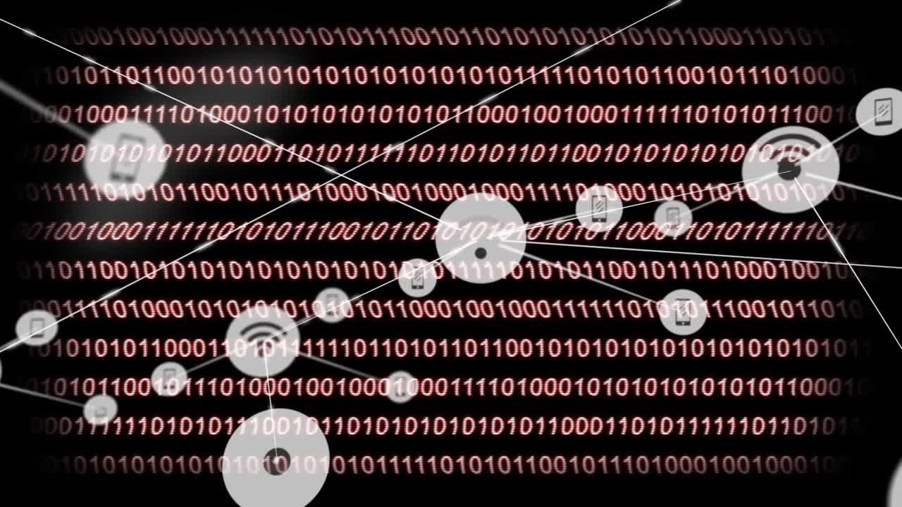 Animation of network of connections with icons over data processing on black background