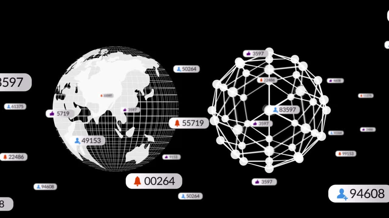 Animazione di icone multimediali su globo e forme su sfondo nero