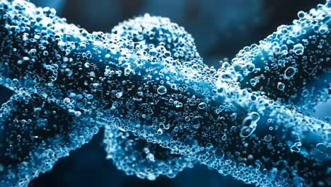 a close up of a blue dna molecule with bubbles