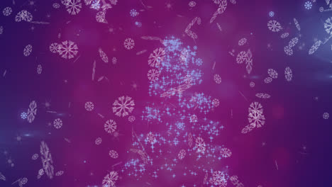 Animation-of-snow-falling-christmas-tree-pattern-on-purple-background