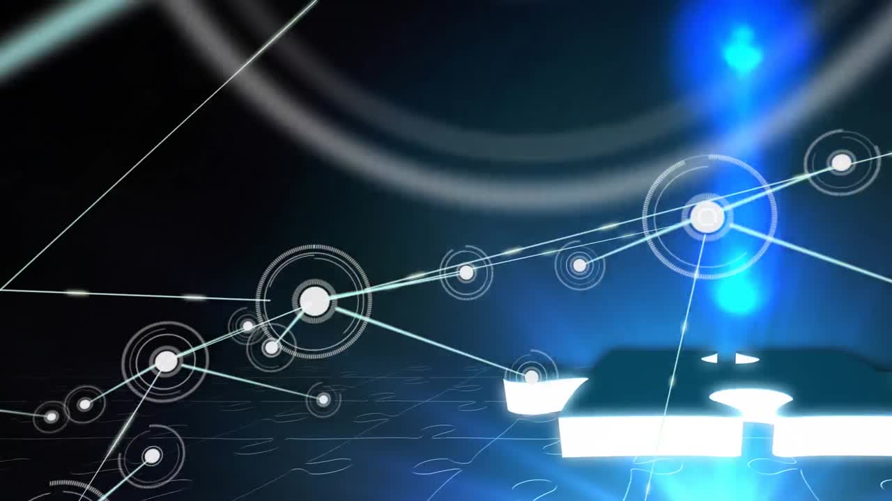 검은색과 파란색 배경 위의 연결 네트워크와 퍼즐의 애니메이션