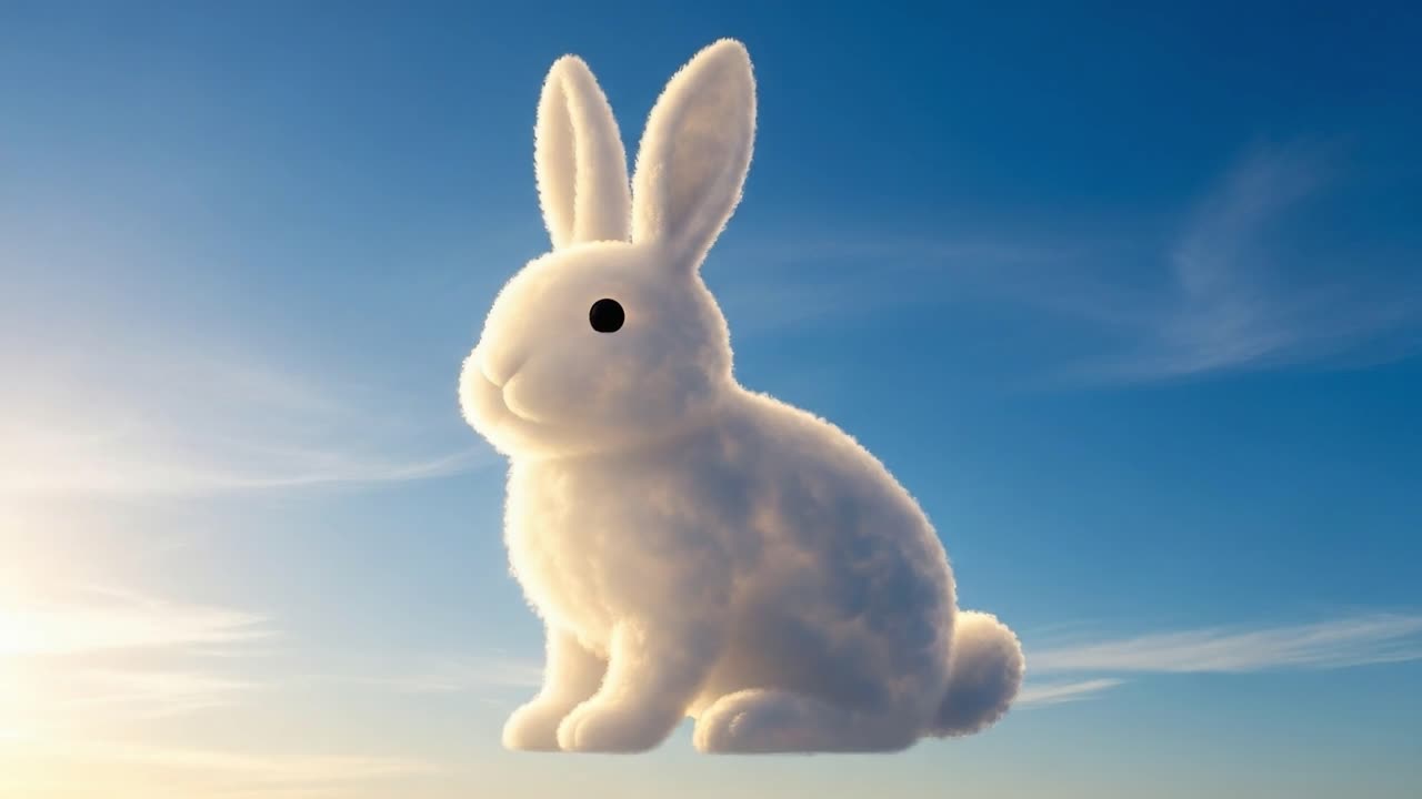 A whimsical and enchanting cloud formation resembling a rabbit, gracefully drifting in the blue sky, capturing the imagination with its delightful presence
