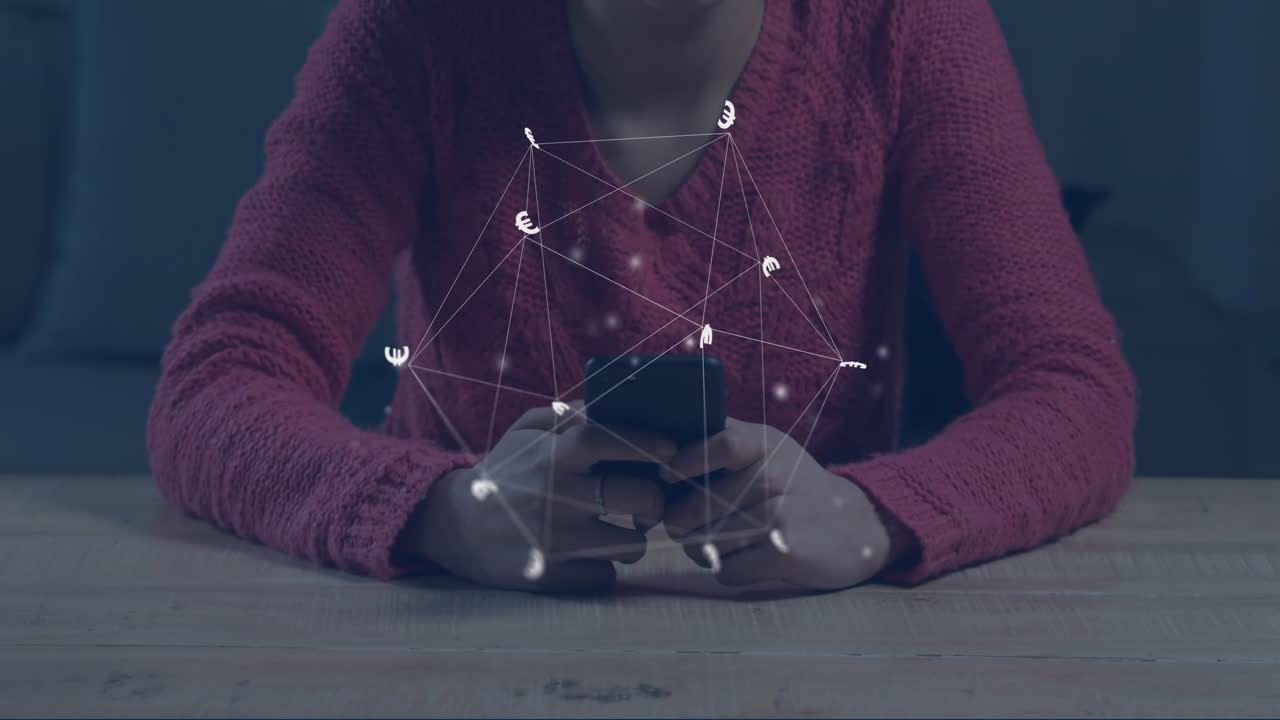 animación del globo con conexiones sobre mujer caucásica usando teléfono inteligente