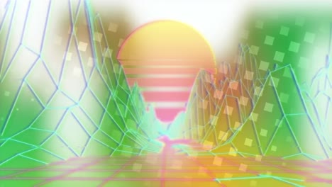 Animation-of-glowing-sun-with-3d-map-moving-on-grid