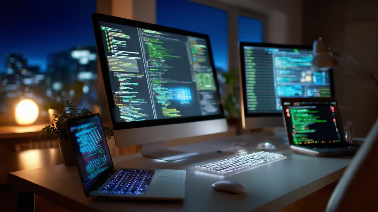 A dynamic workspace showcasing multiple screens displaying intricate coding and programming interfaces, illuminated in a serene evening setting, reflecting modern technology and innovation