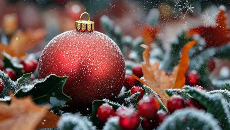 beautiful red ornament surrounded by snow and autumn leaves