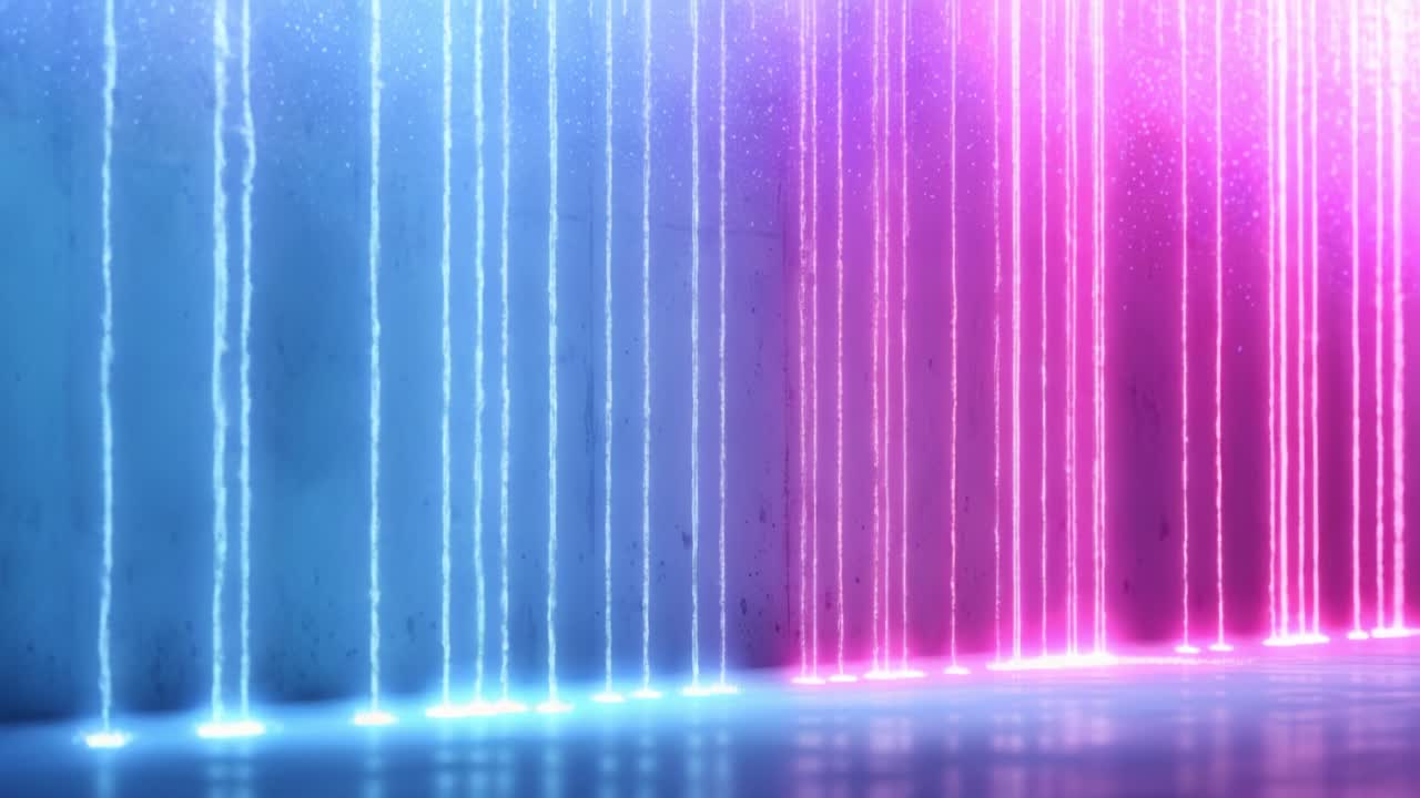 A mesmerizing display of colorful light streaks cascading down a textured wall, showcasing a stunning blend of pink and blue tones that create vibrant and enchanting visual effects