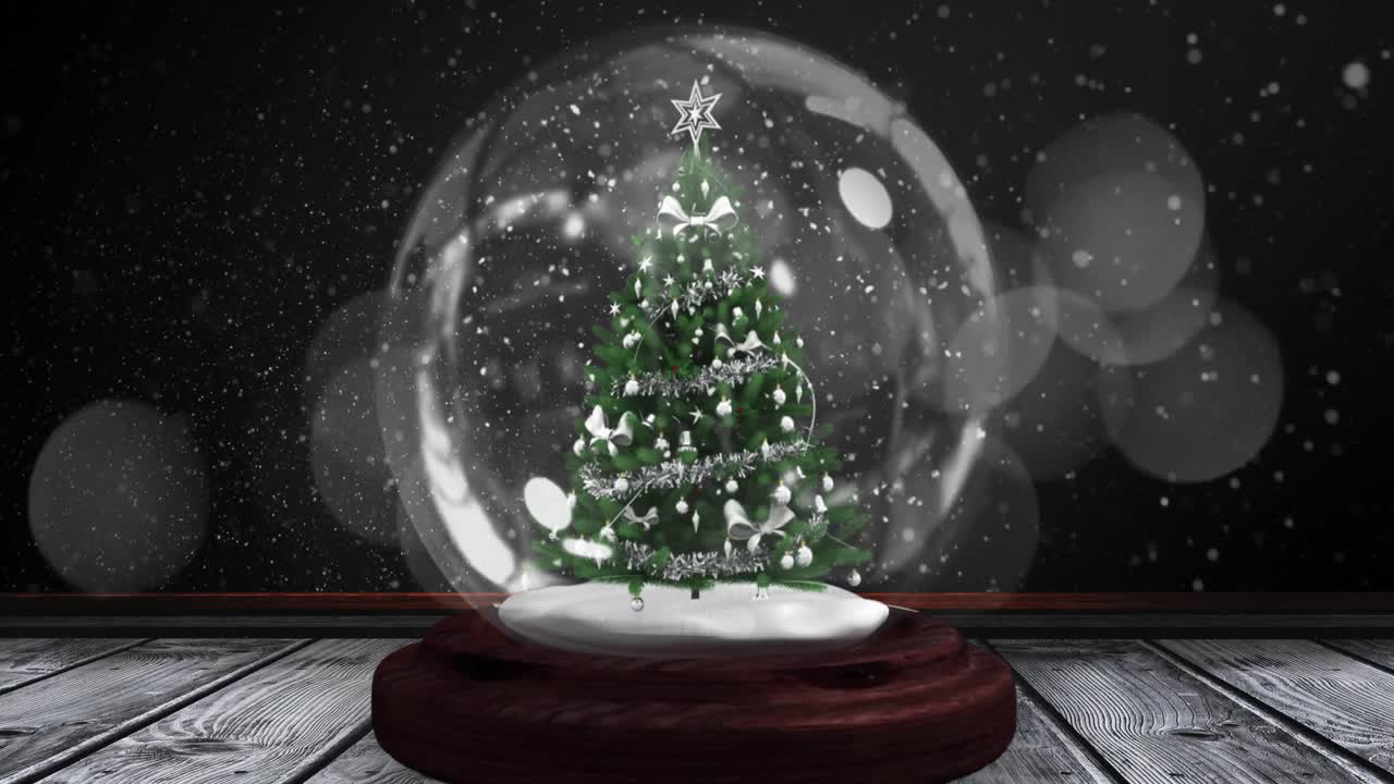 나무 표면 에 있는 스노우 글로브 에서 크리스마스 트리 주위 를 회전 하는  ⁇ 는 별 의 디지털 애니메이션