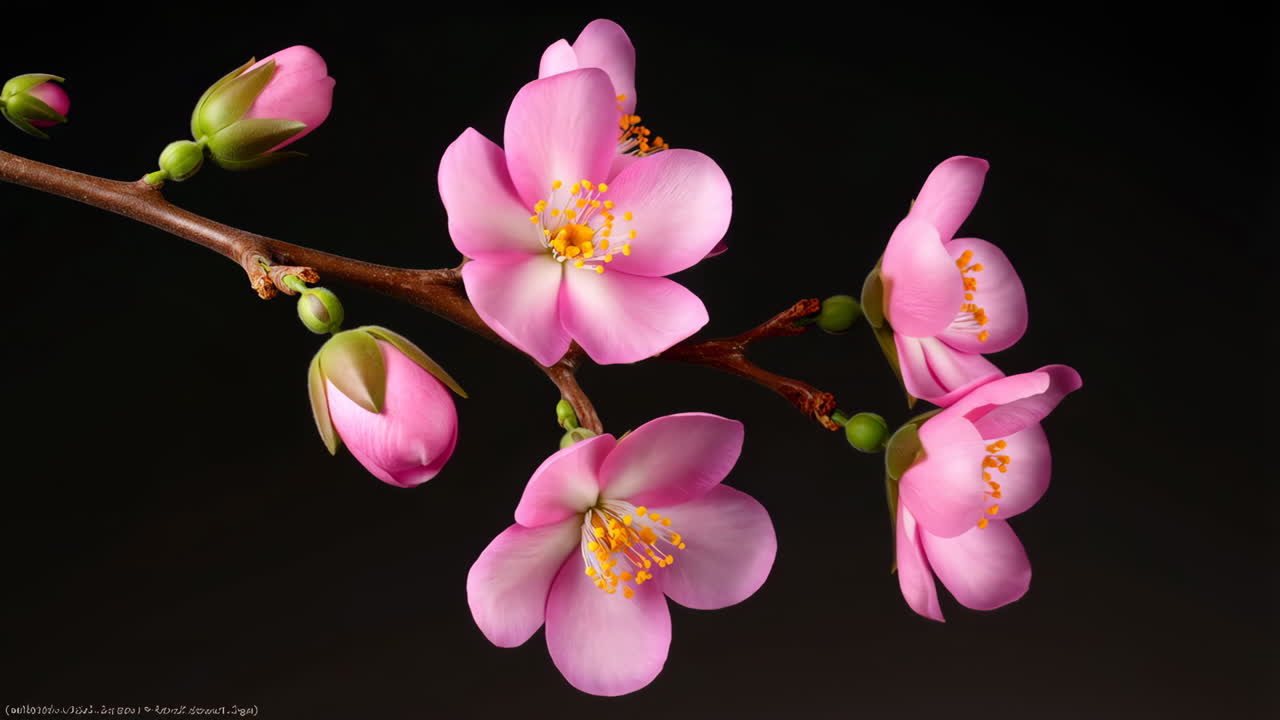 Pink Flower Buds and Blossoms on a Branch Against a Dark Background