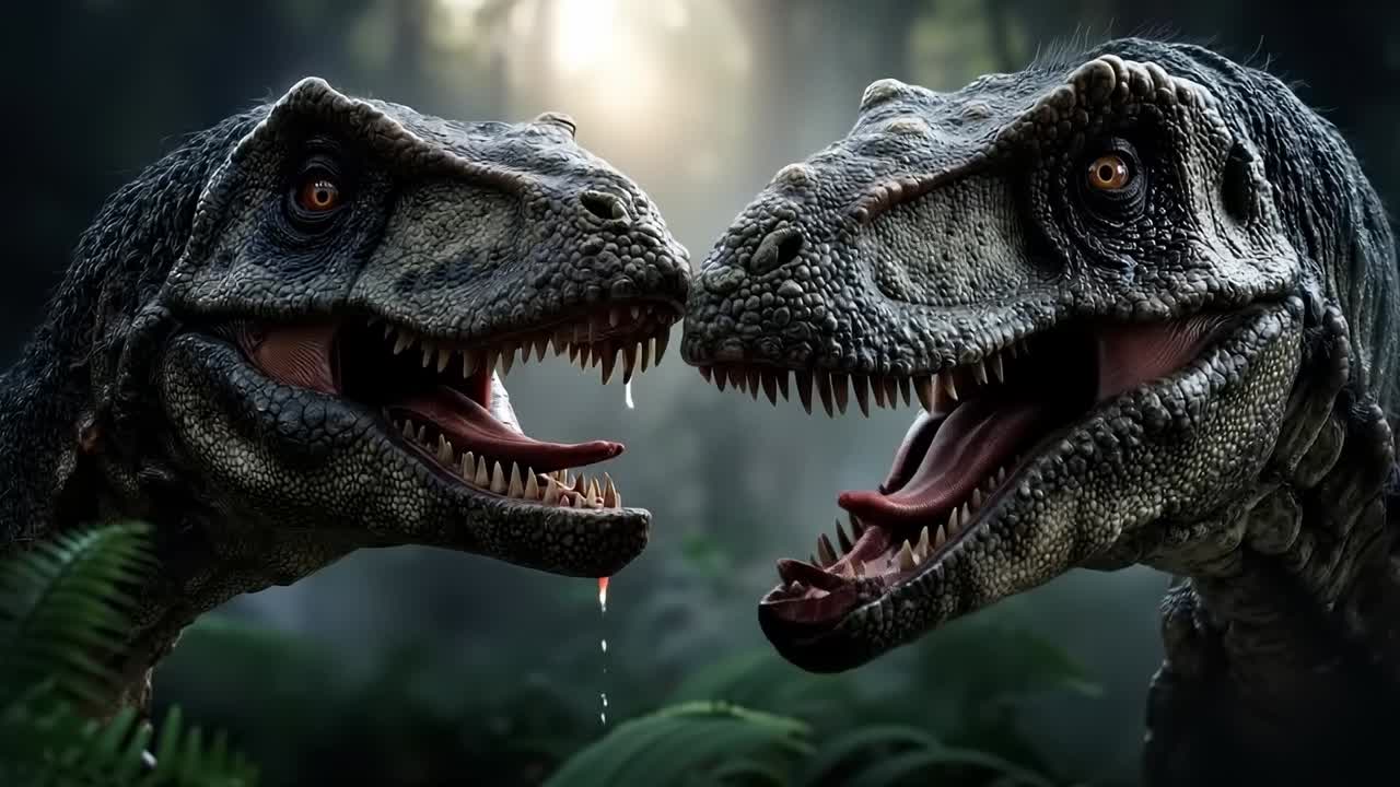 A couple of dinosaurs that are standing next to each other