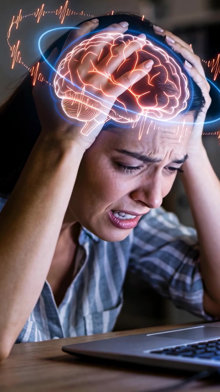 Vertical video: Pressing temples woman in stripes leaning at desk reacting to laptop brain hologram