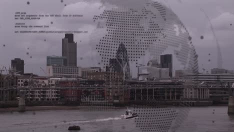 animation of spinning globe and data processing against aerial view of cityscape