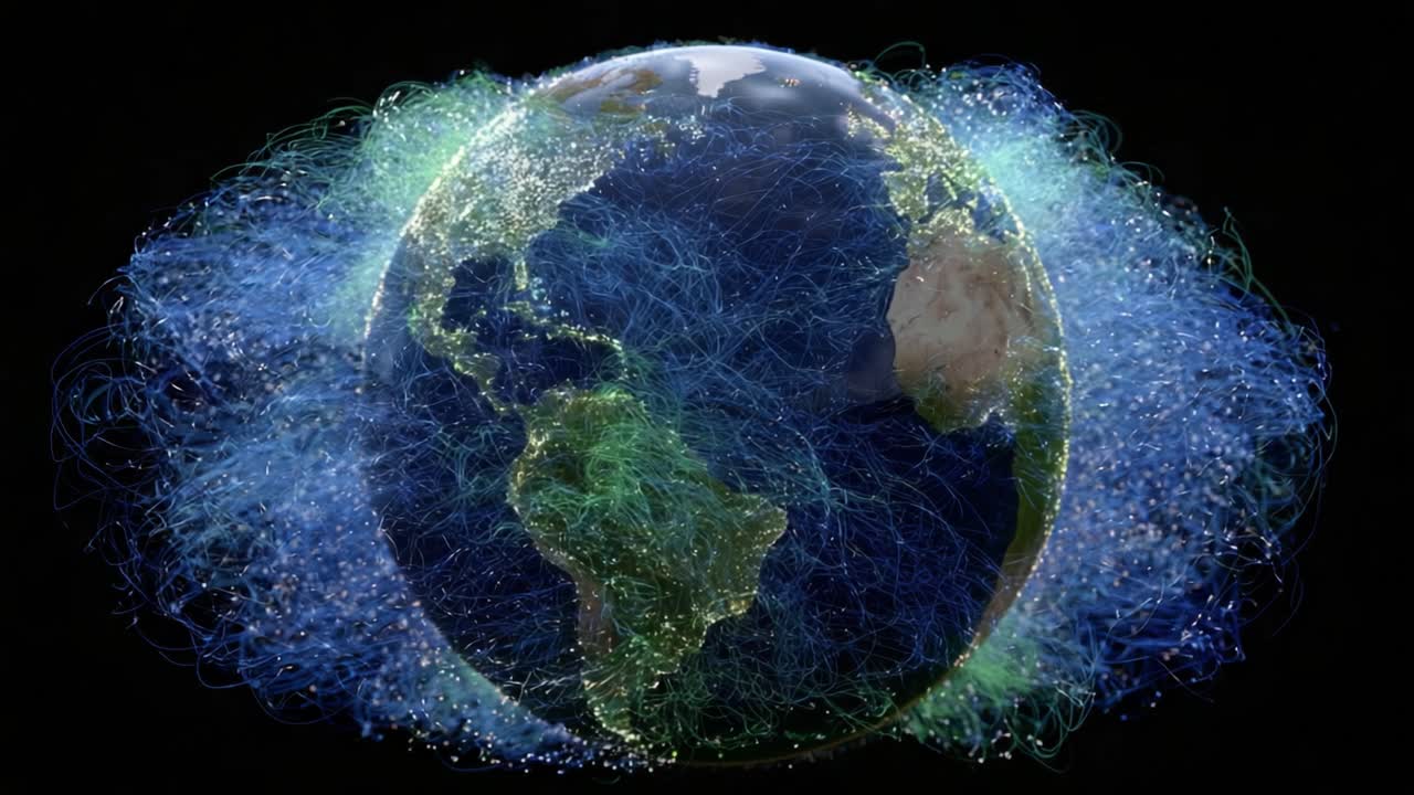 Dynamic Visualization of Earth's Atmosphere Surrounded by Colorful Streams Representing Data Flow and Energy Transfer in the Environment