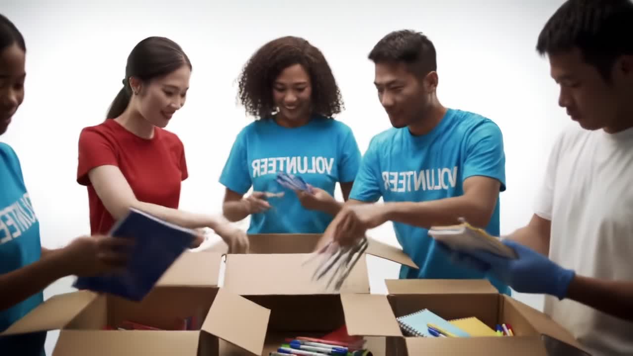 A Group of Volunteers Engaged in Organizing Educational Supplies, Promoting Collaboration and Community Spirit in a Preparing Initiative for a Charitable Cause
