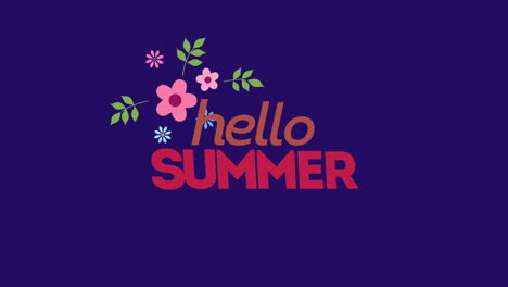 hello summer with pink flowers on blue gradient