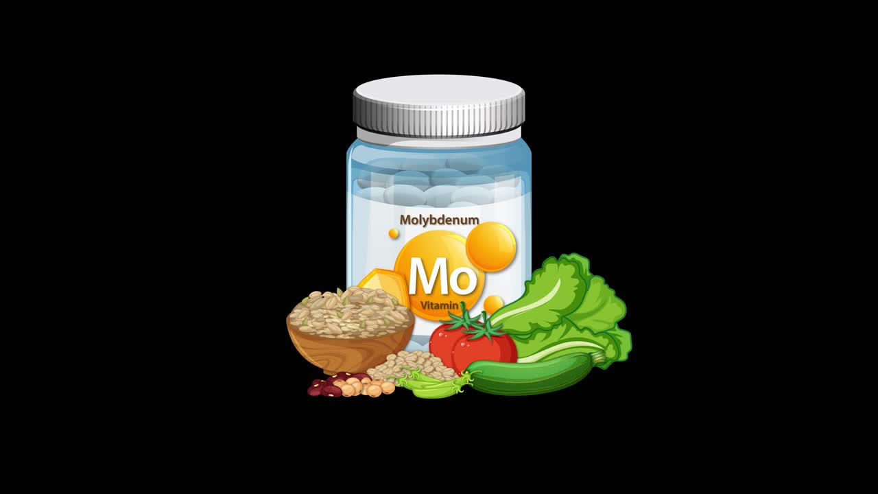 Vitamin bottle and nutritious foods animate together, highlighting molybdenum supplement benefits, isolated on black