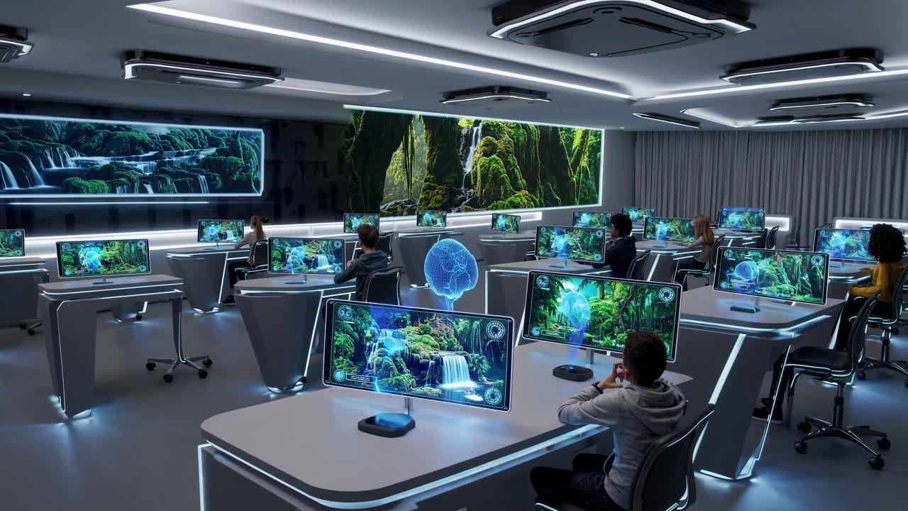 Futuristic Classroom with Digital Learning Experience
