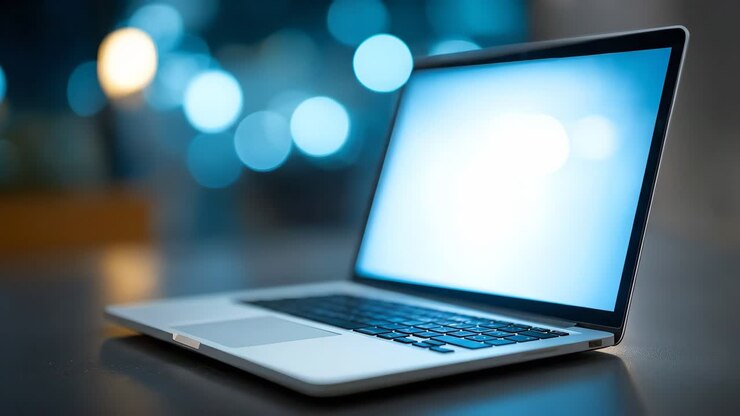 Geöffneter Laptop mit verschwommenem Bokeh-Hintergrund