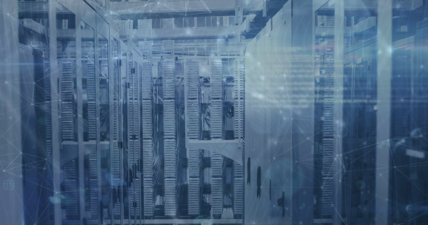 Animation of data processing and network of connections over servers room