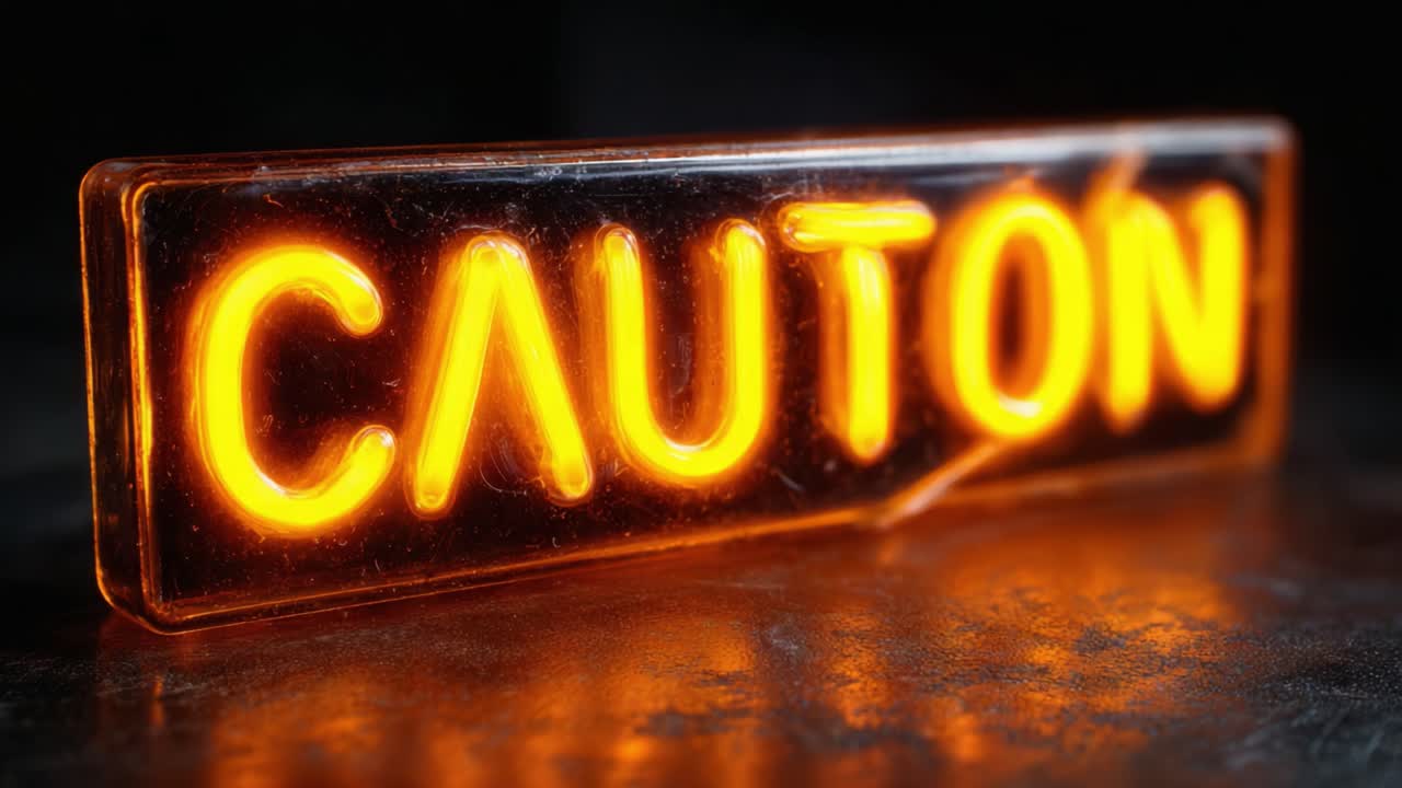 A Close-Up View of a Bright Neon 'Caution' Sign Illuminating Its Environment with Vibrant Orange Glow, Emphasizing Public Safety Awareness and Warning