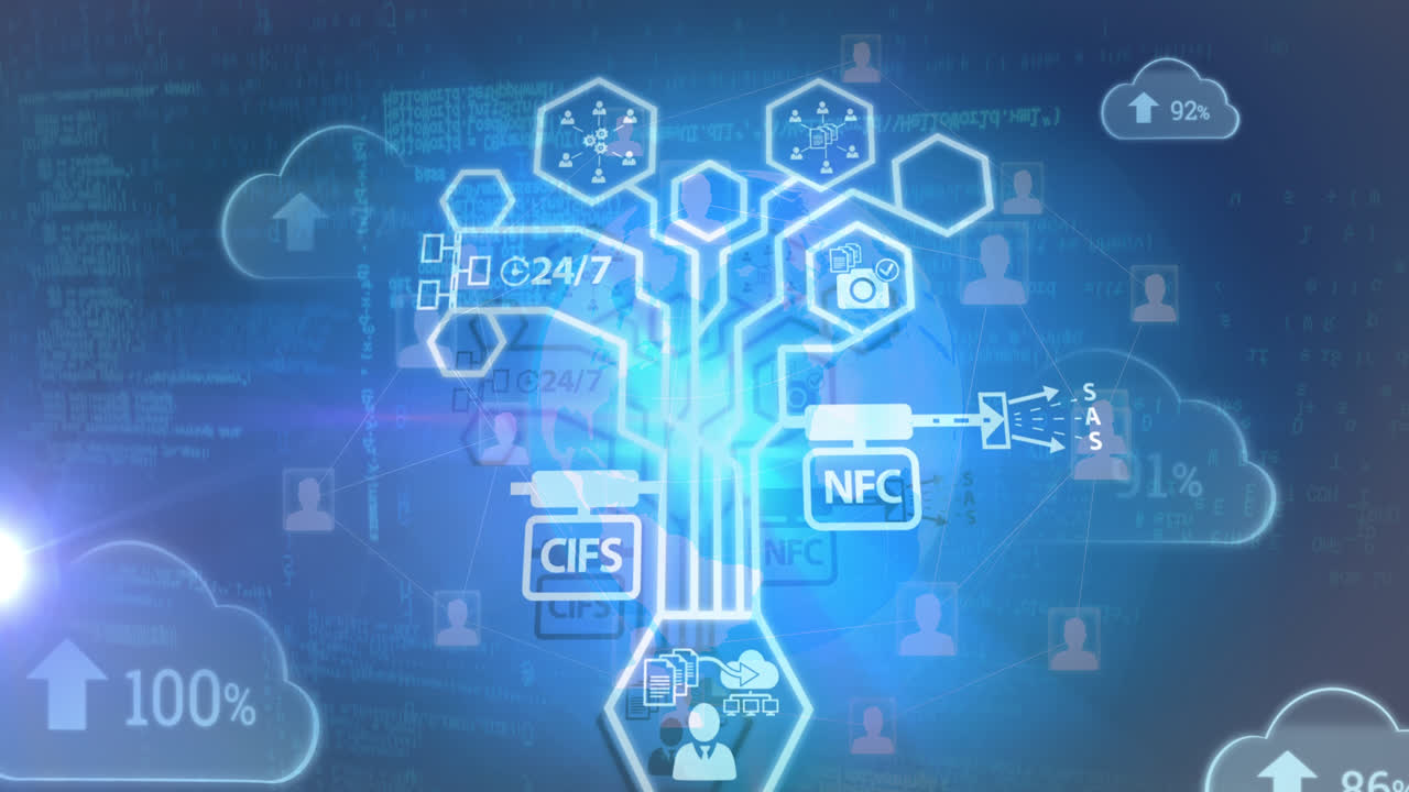 iconos de nube con un porcentaje creciente y red de iconos digitales contra el globo y el procesamiento de datos