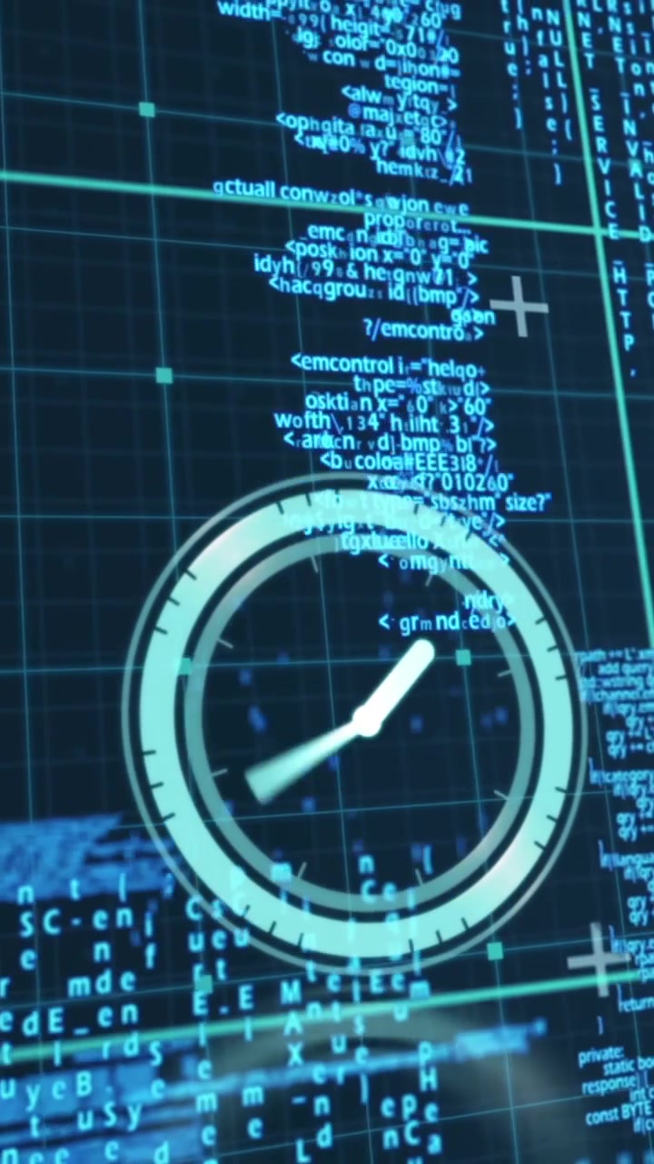 Animation of clock moving over data processing on navy background