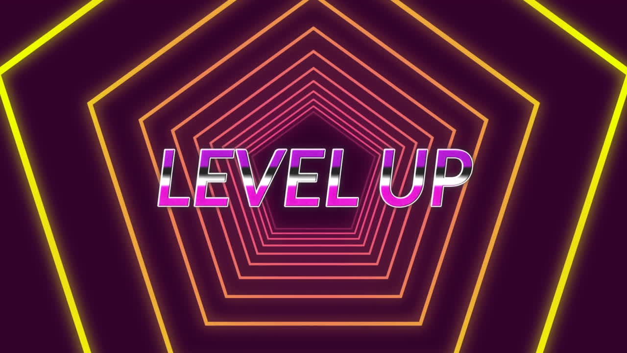 검은색 바탕에 노란색 육각형에 대한 보라색 레벨 업 텍스트