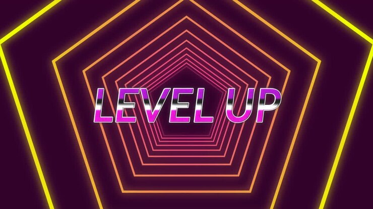 Purple level up text against yellow hexagons in seamless motion on black background