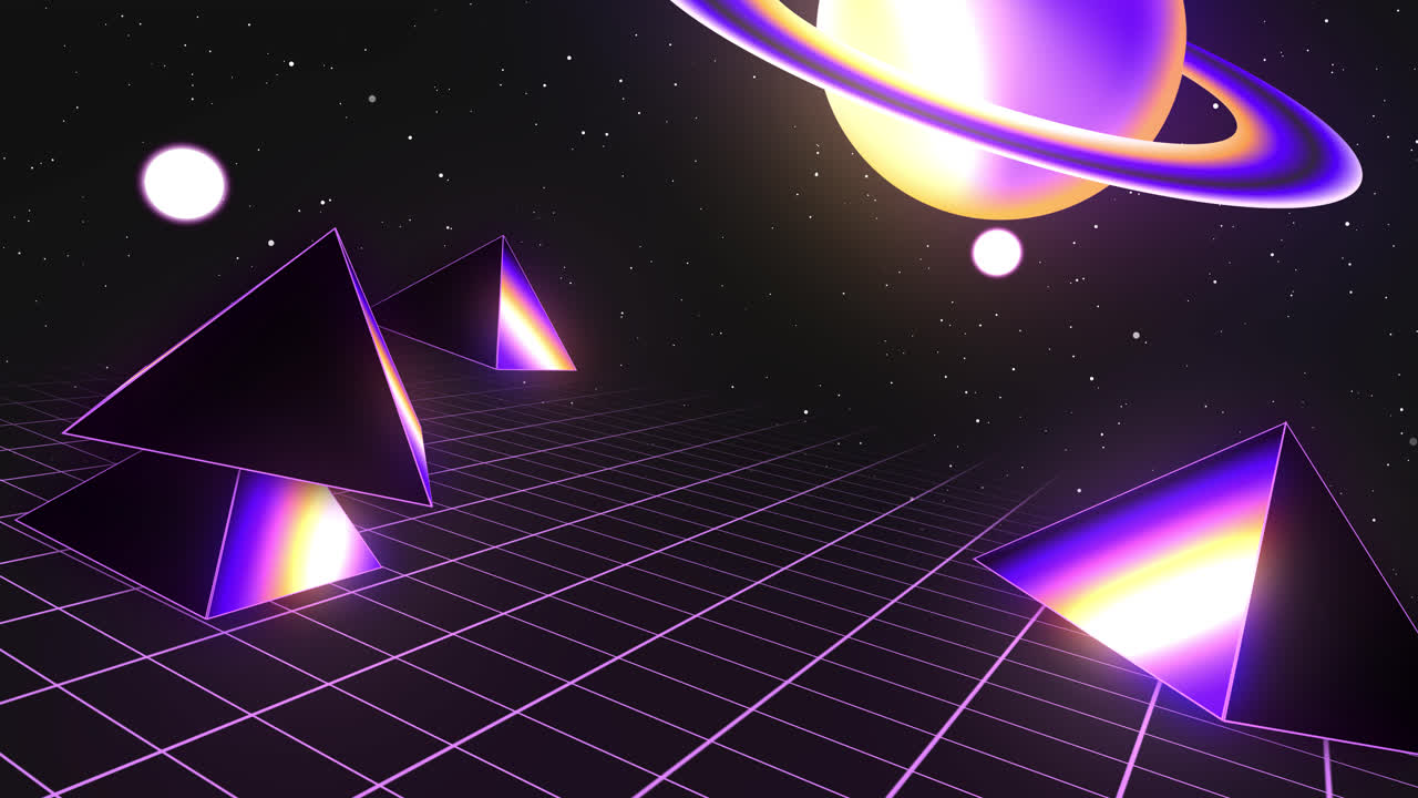 Retro-futuristic Synthwave Space Landscape with Neon Pyramids and Ringed Planet
