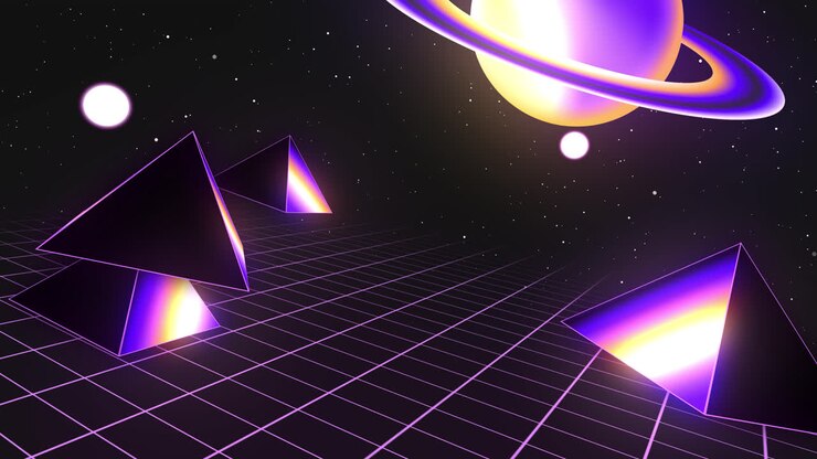 Retro-futuristic Synthwave Space Landscape with Neon Pyramids and Ringed Planet