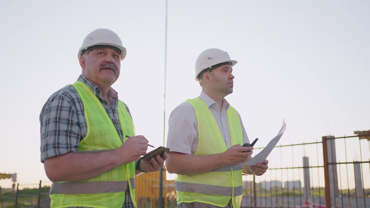 retrato de dos constructores de pie en el sitio de construcción. dos constructores con dibujos de pie en el fondo de los edificios en construcción en cascos y chalecos