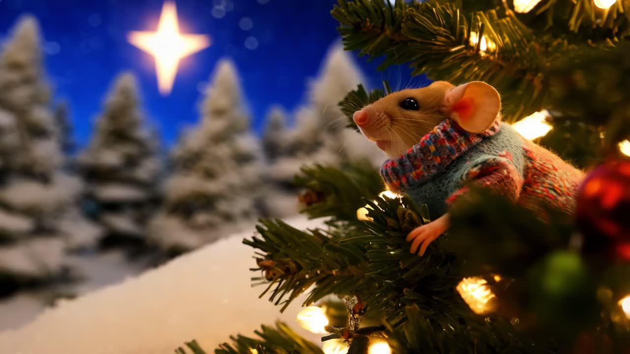 ratón lindo en un suéter en un árbol de navidad